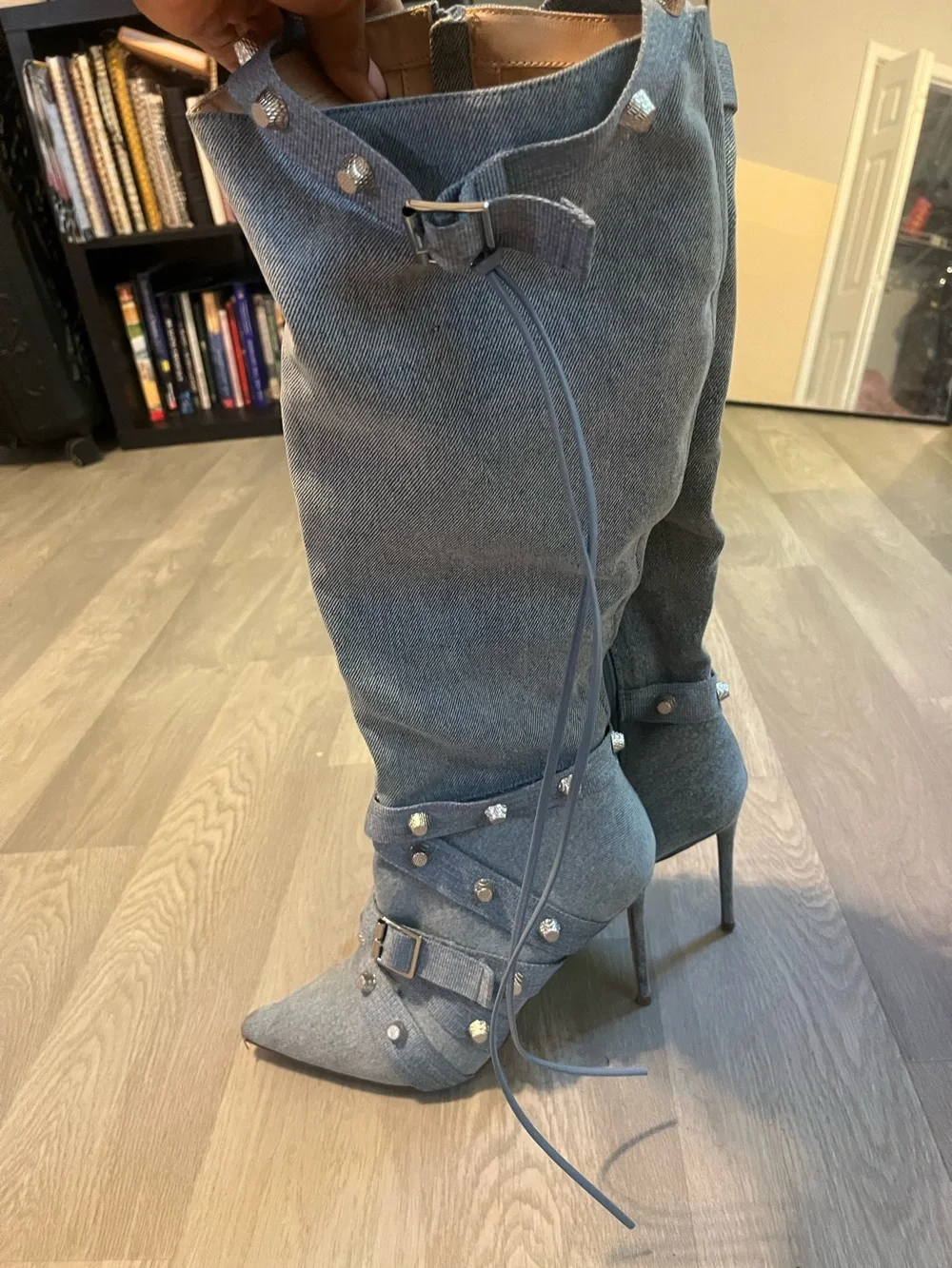 Denim Knee-High Stiletto Boots - Studds Women